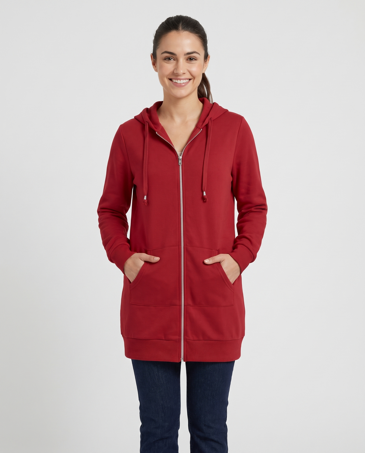 Shona Women's Longline Zip Up Hoodie - Red