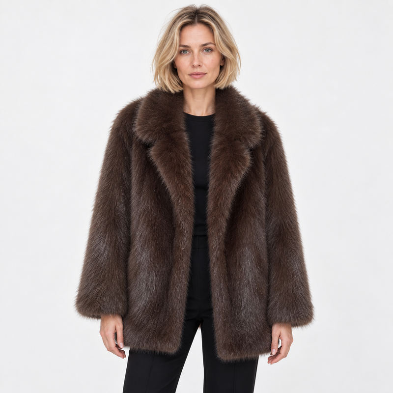 Sue Women's Plush Short Faux Fur Coat - Dark Brown