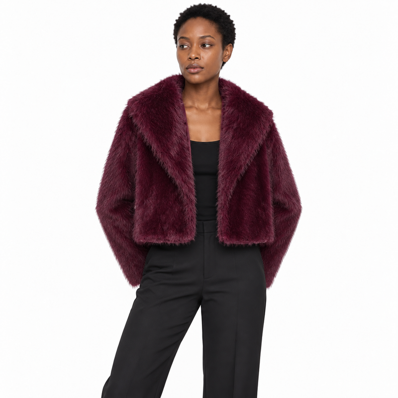 Ella Women's Winter Plush Faux Fur Jacket - Wine Red