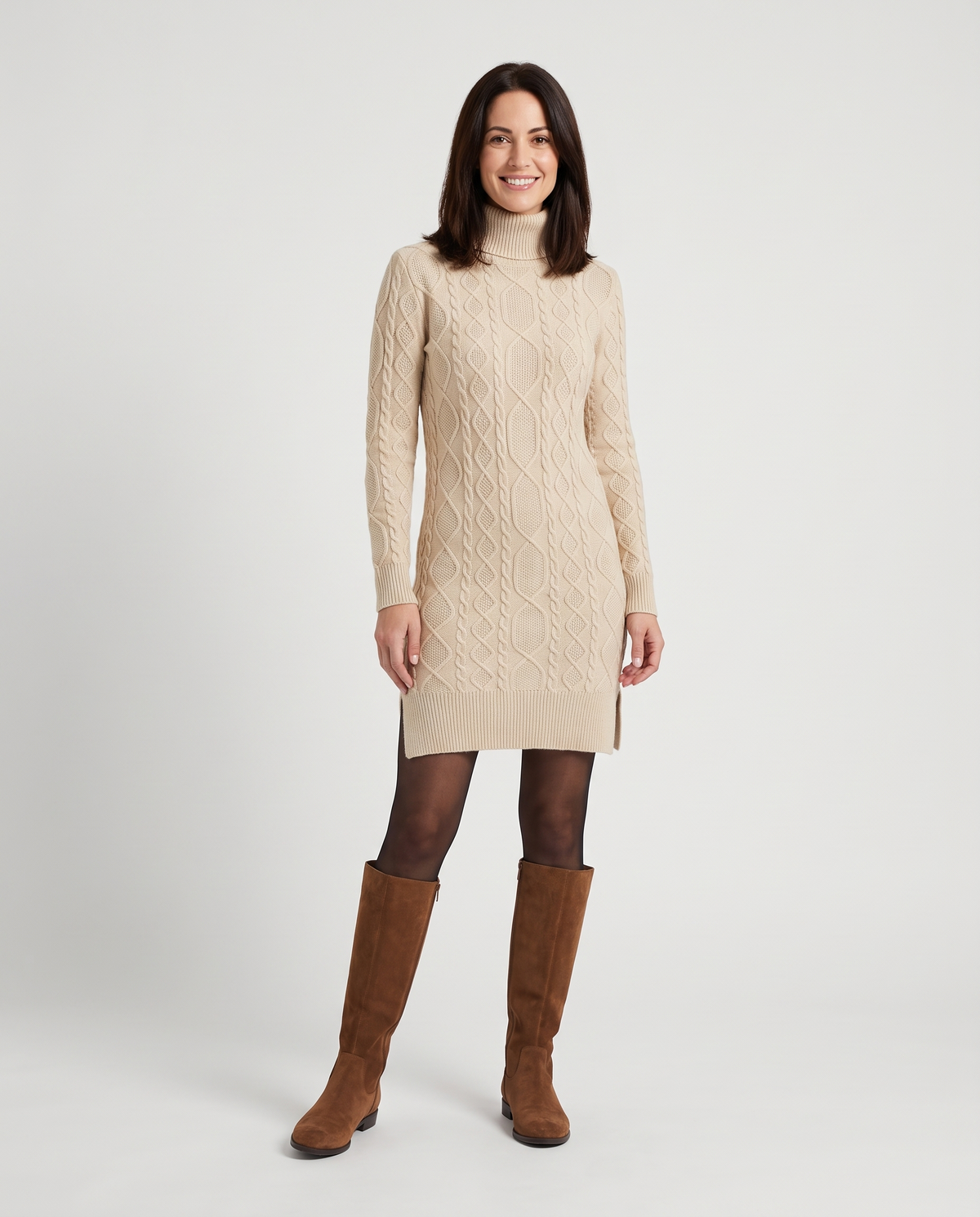 Turtleneck Cable Knitted Jumper Dress in Beige