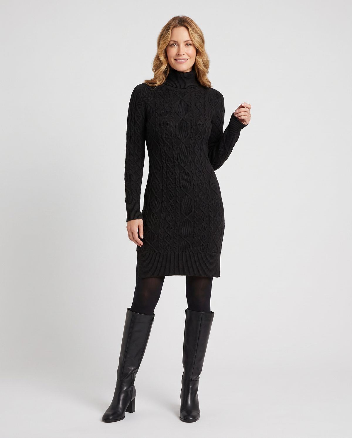 Turtleneck Cable Knitted Jumper Dress in Black