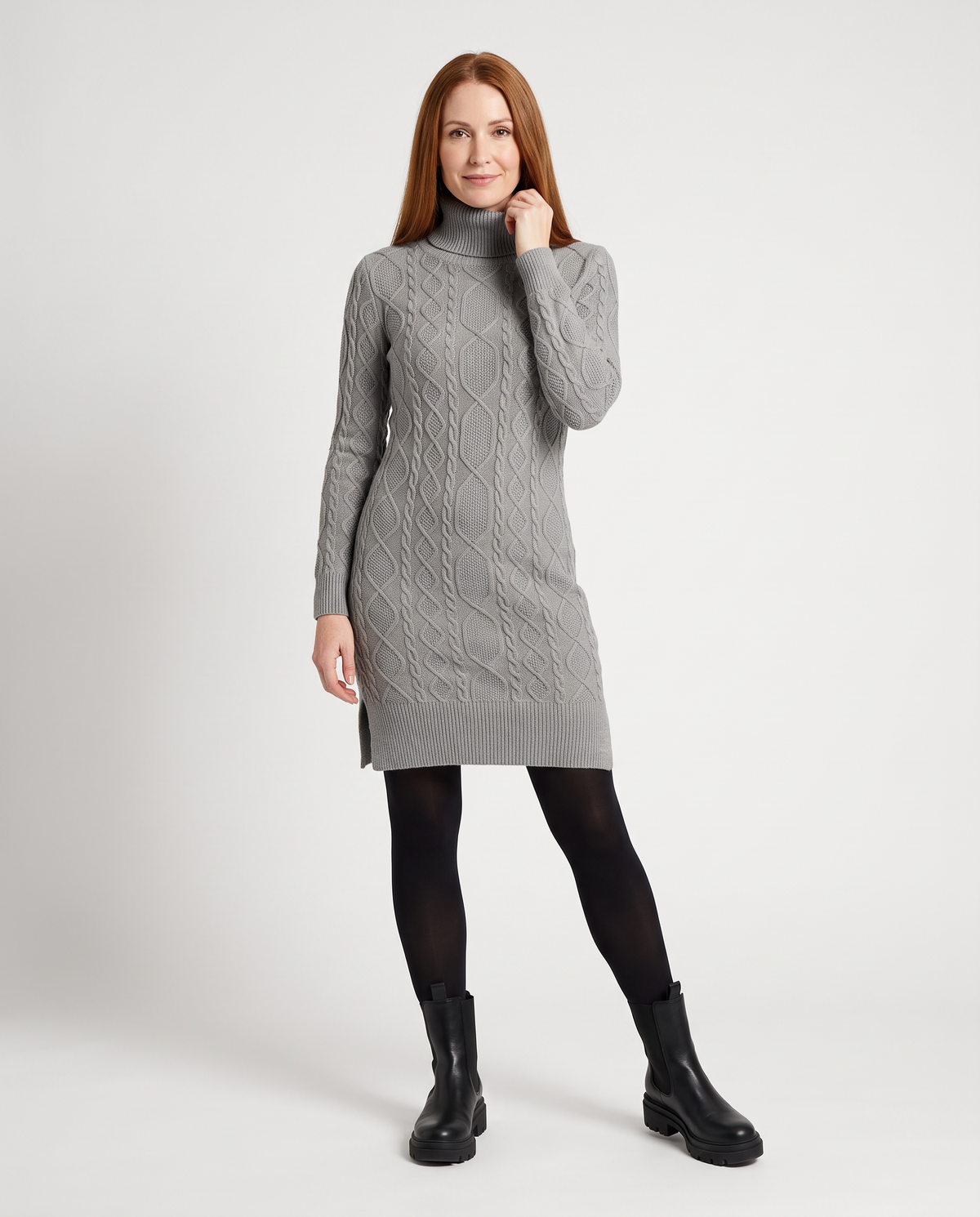 Turtleneck Cable Knitted Jumper Dress in Grey