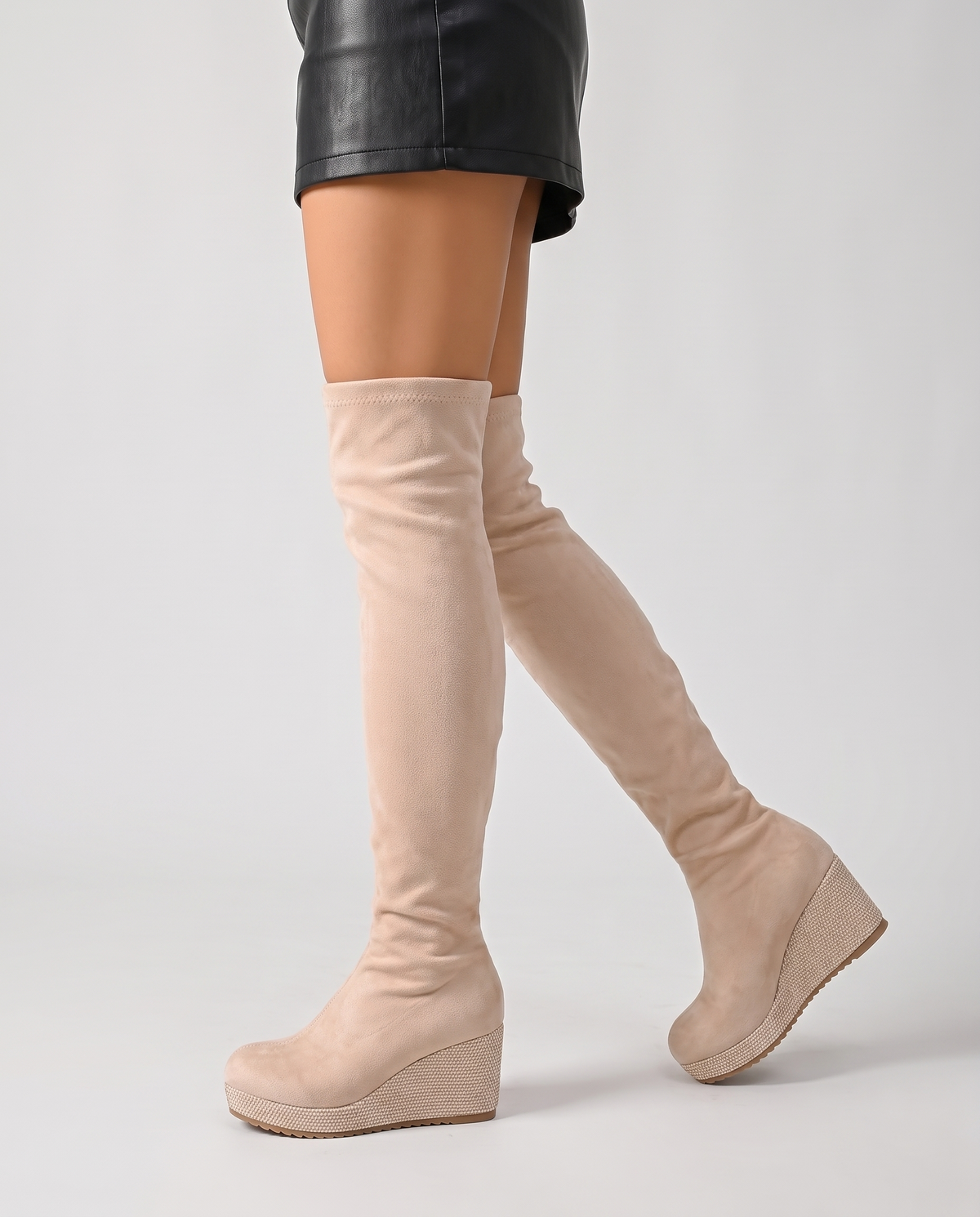 Una Women's Wedge Over the Knee Boots - Beige