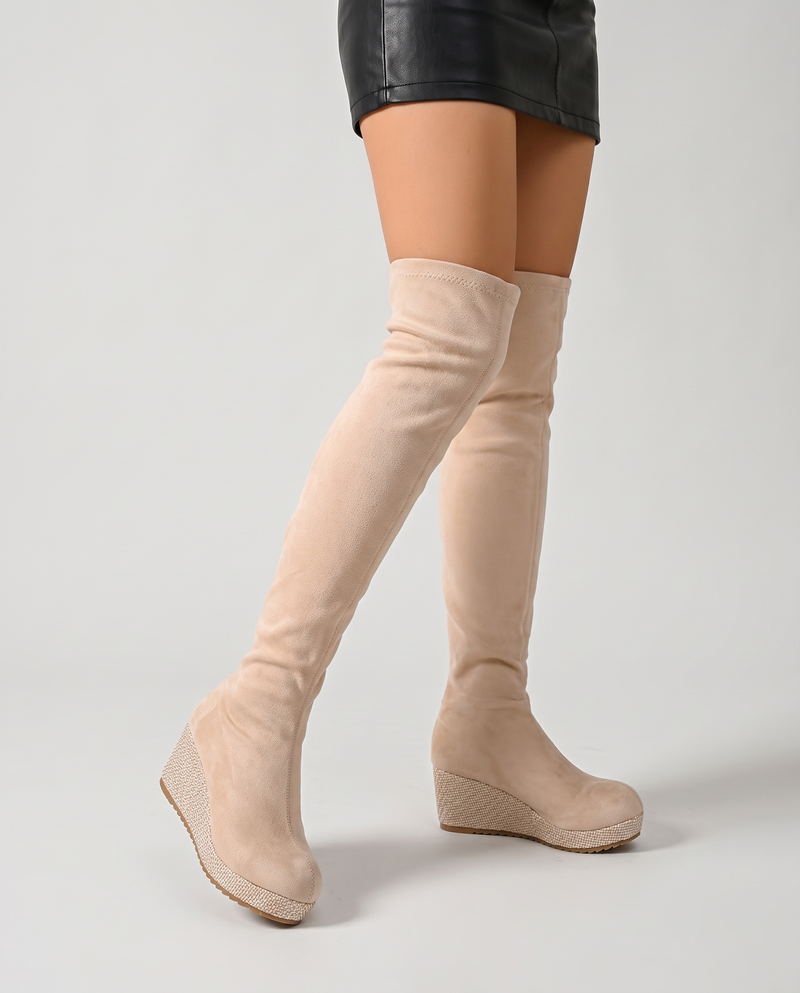 Una Women's Wedge Over the Knee Boots - Beige