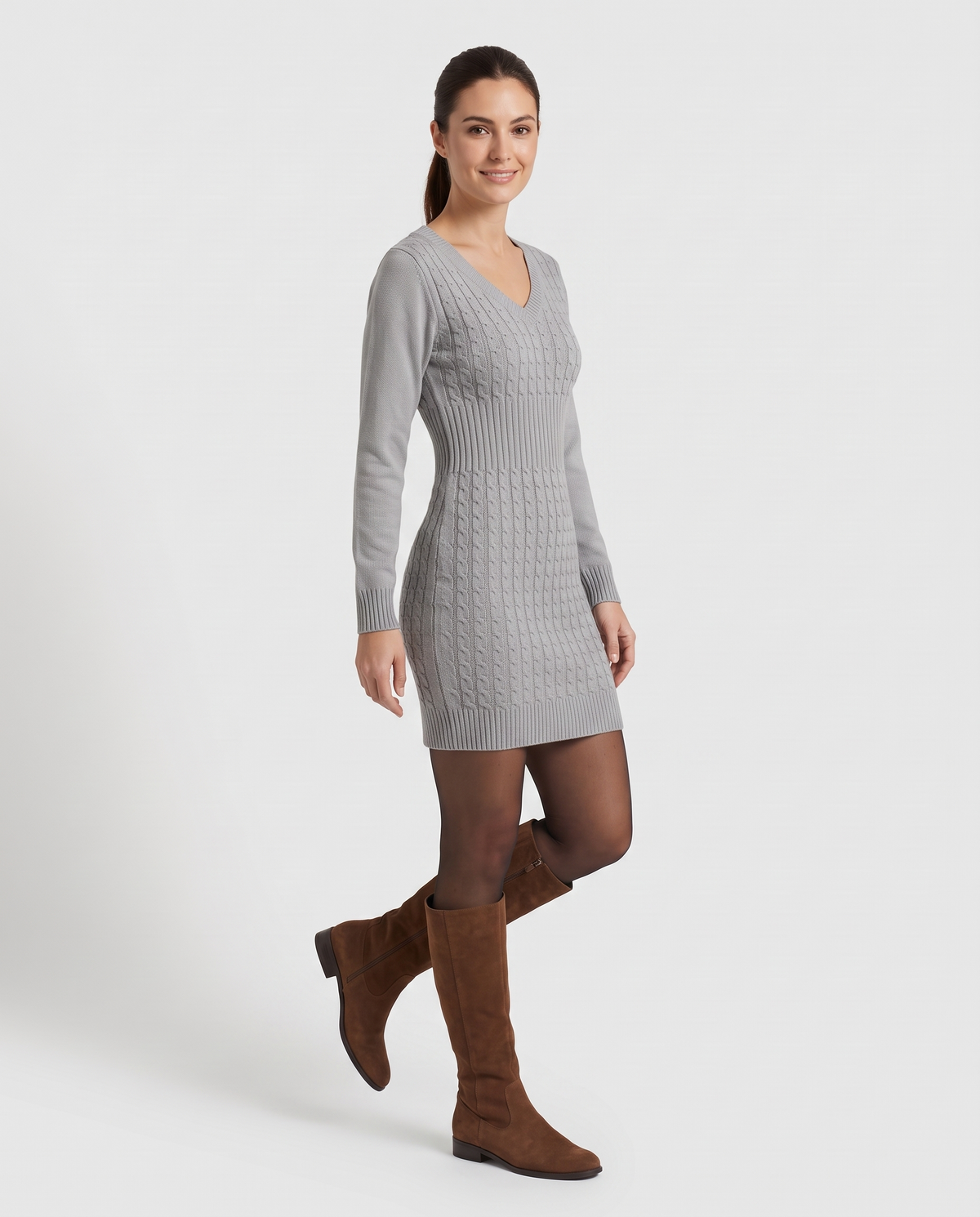 V-Neck Cable Knitted Jumper Dress in Grey, three quarter view