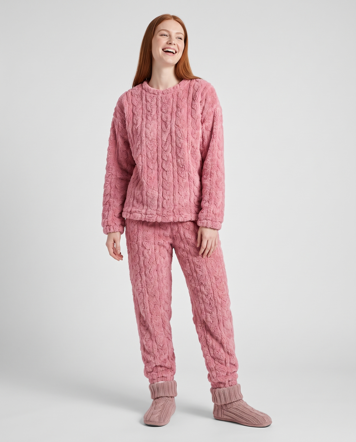 Warm Fleece Pyjama Lounge Set in Pink