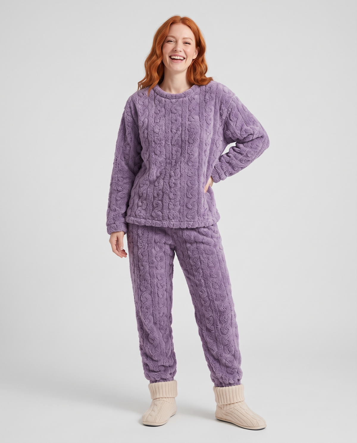 Warm Fleece Pyjama Lounge Set in Purple