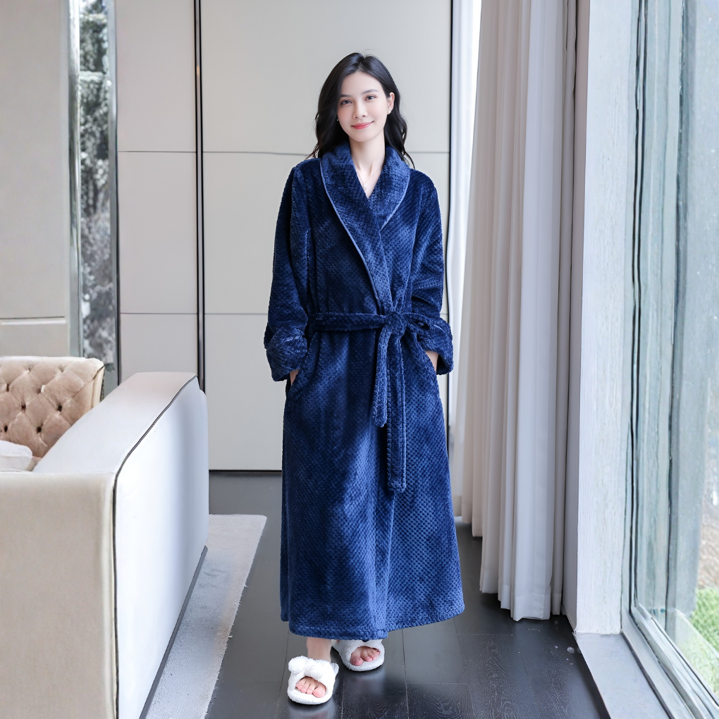 Deborah Fleece Hooded Dressing Gown - Navy Blue