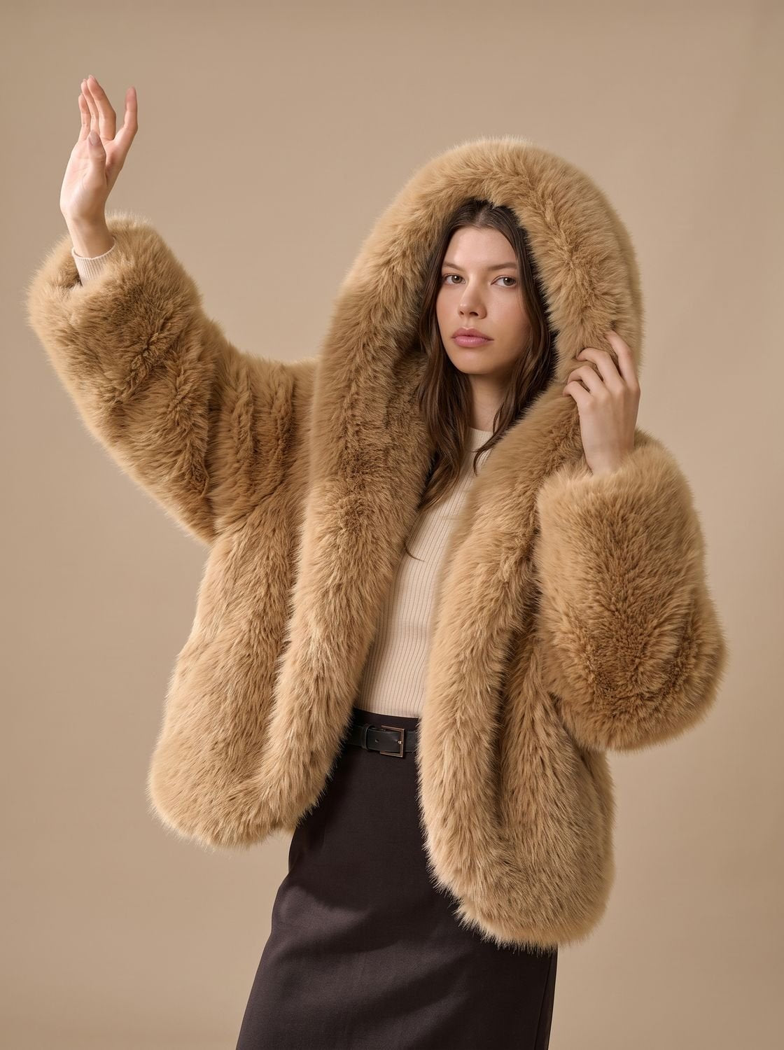 Eira Women's Oversized Hooded Faux Fur Coat - Brown