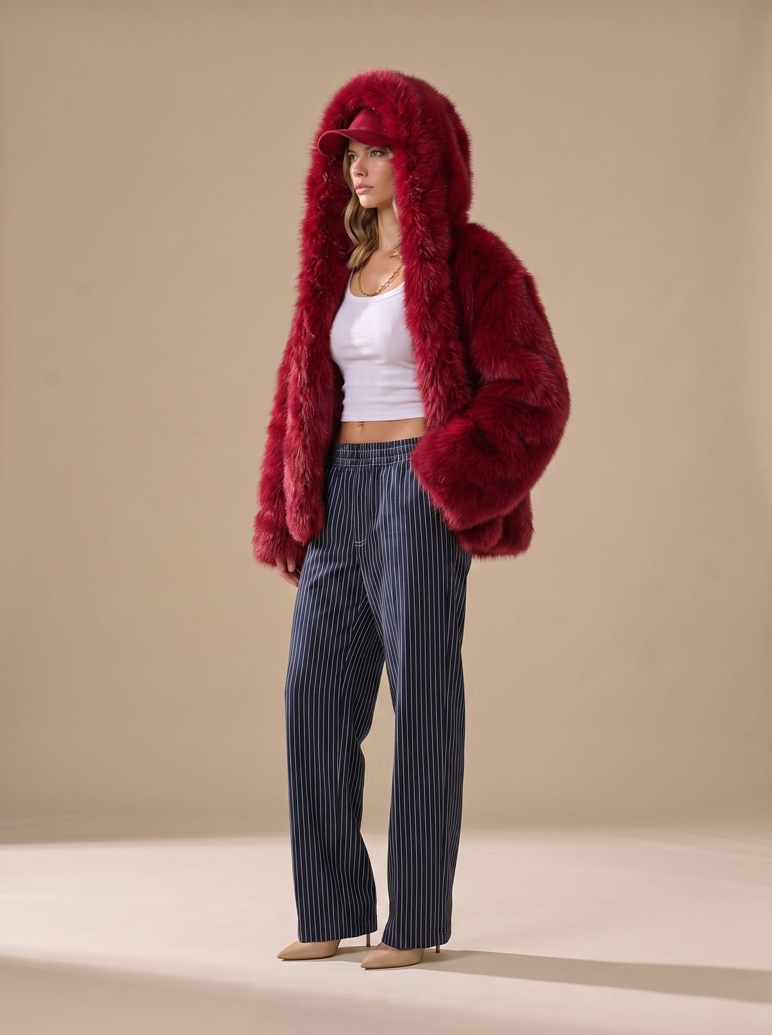 Eira Women's Oversized Hooded Faux Fur Coat - Red