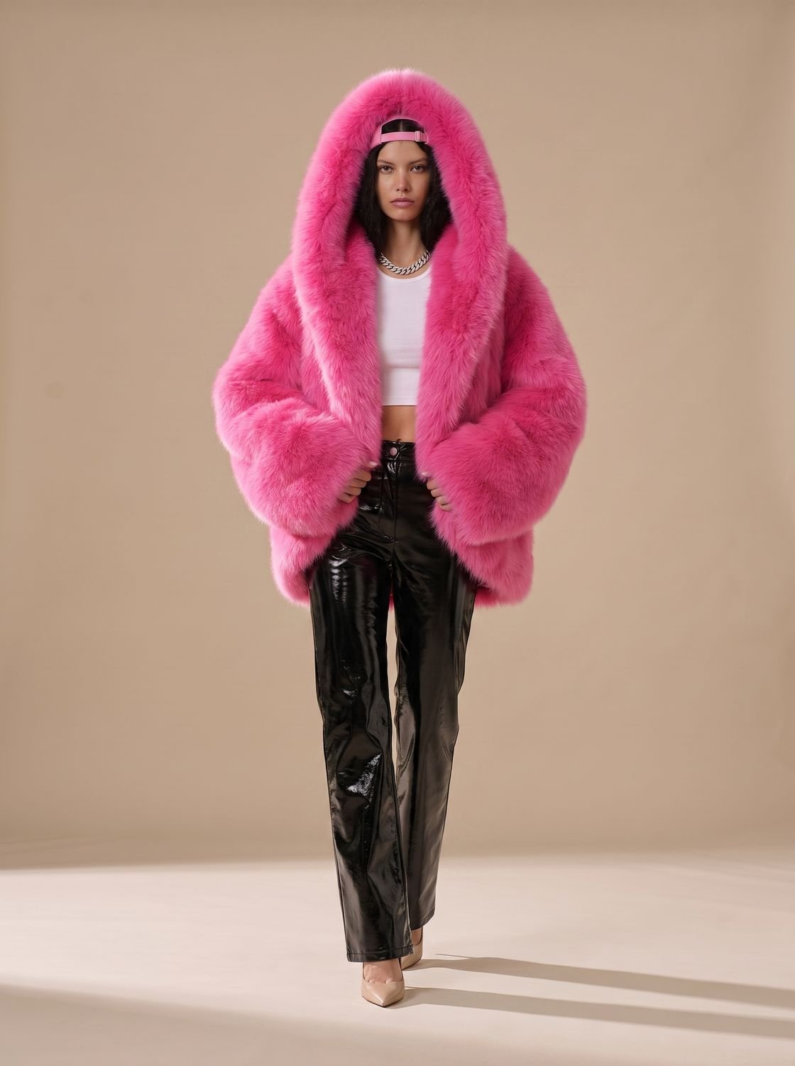 Eira Women's Oversized Hooded Faux Fur Coat - Rose Red