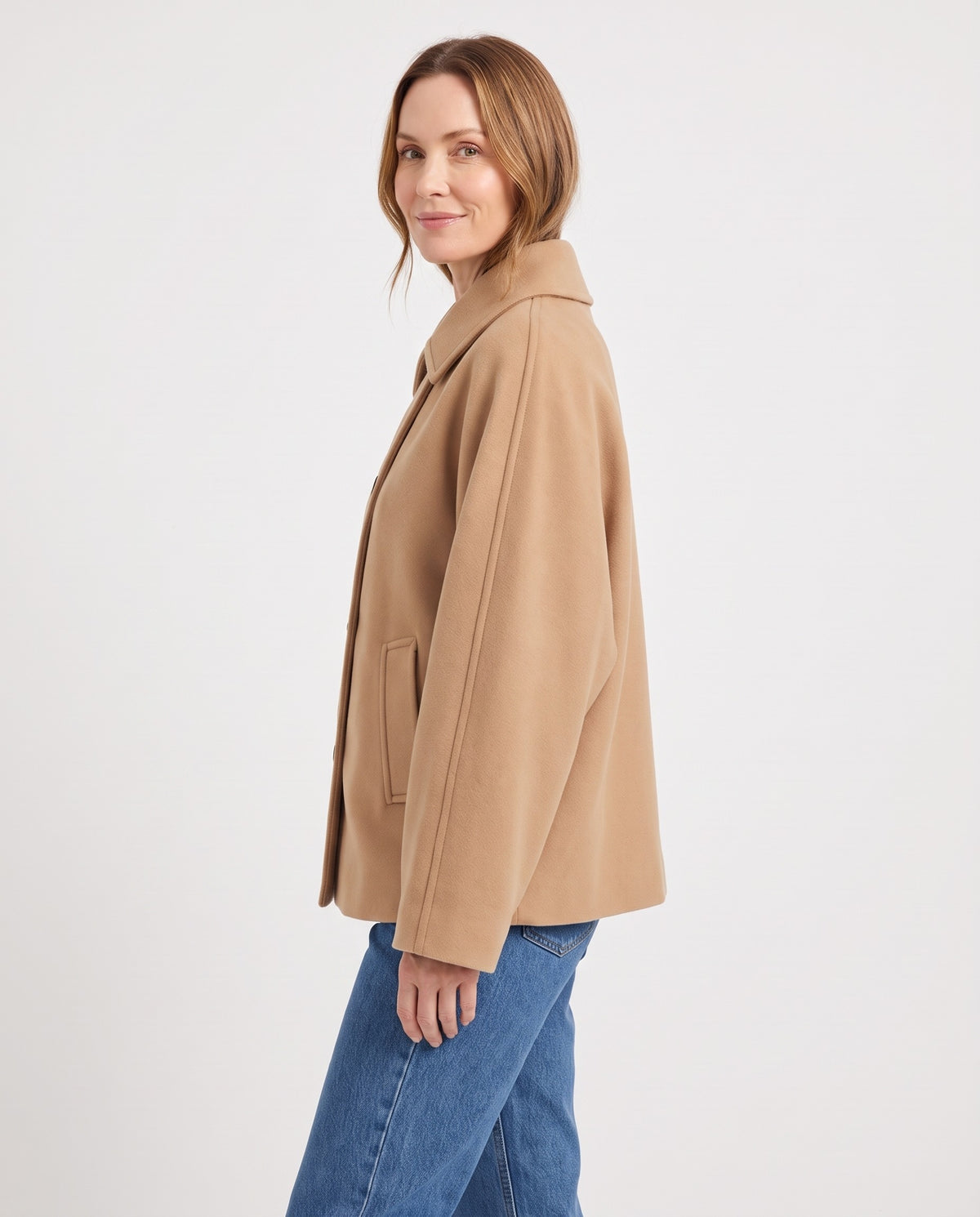 Delyth Women's Wool Oversized Peacoat in Khaki, three quarter view