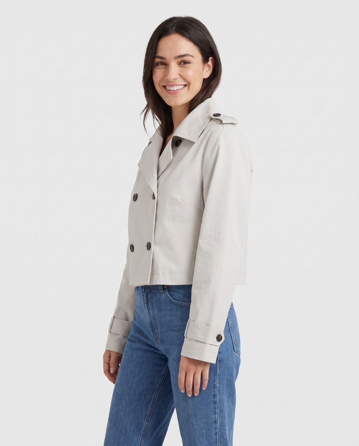 Joy Women's Cotton Cropped Peacoat in Khaki, three quarter view