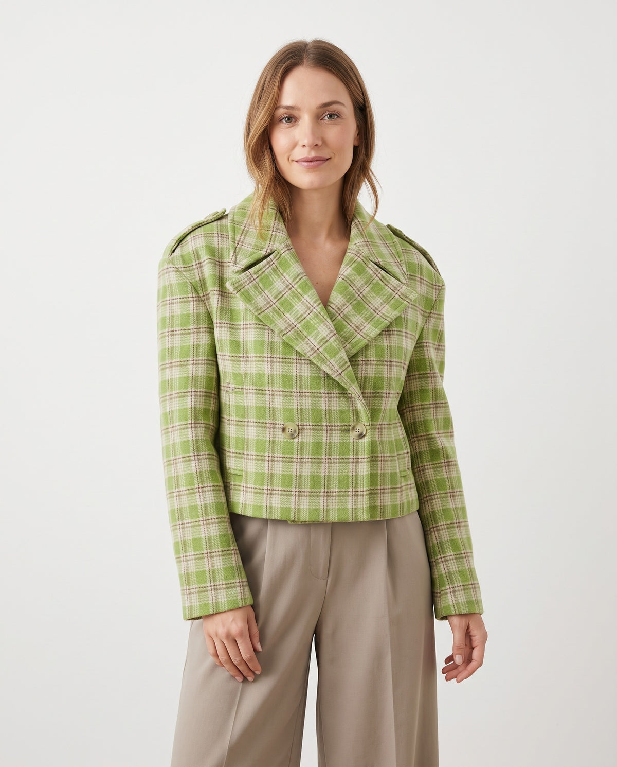 Wendy Women's Plaid Cropped Peacoat in Pistachio