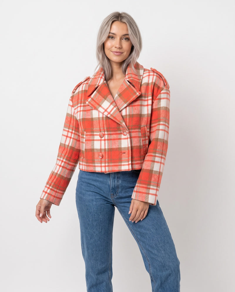 Wendy Women's Plaid Cropped Peacoat in Fireside