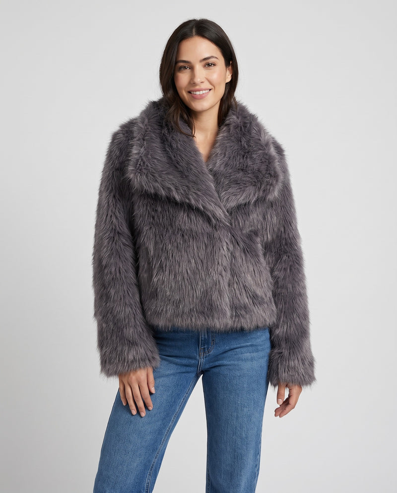 Elin Women's Fluffy Cropped Faux Fur Coat in Dark Grey