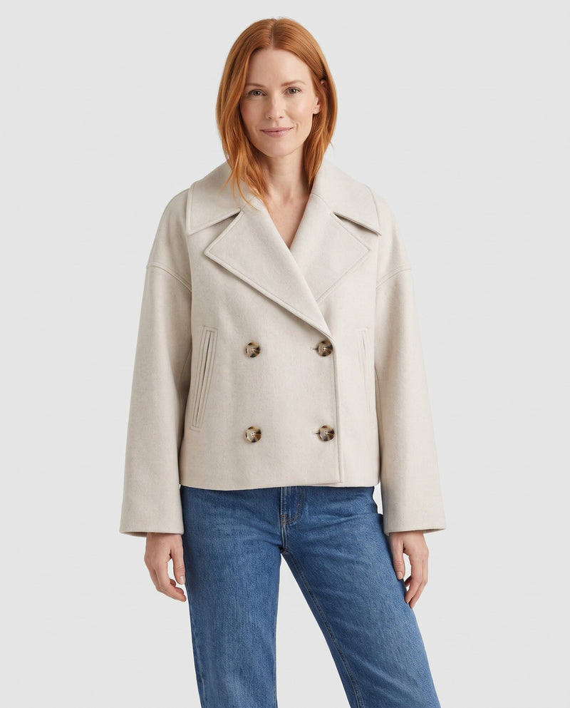 Jenna Women's Wool Cropped Peacoat in Beige