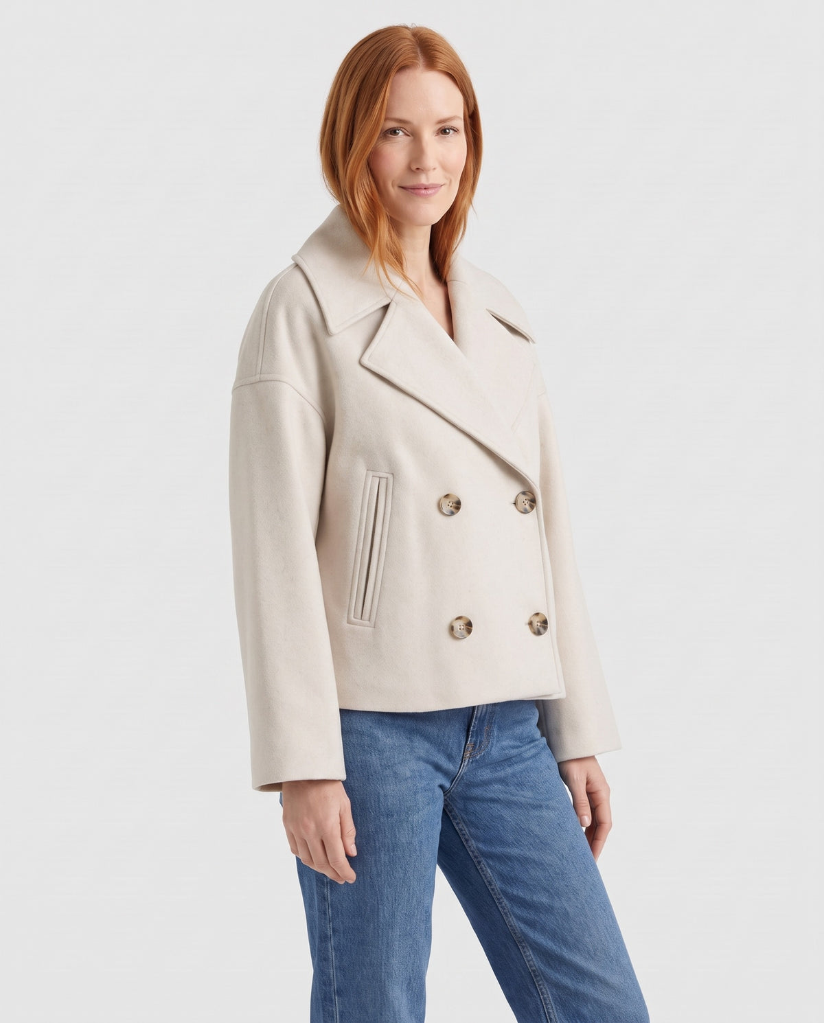 Jenna Women's Wool Cropped Peacoat in Beige, three quarter view