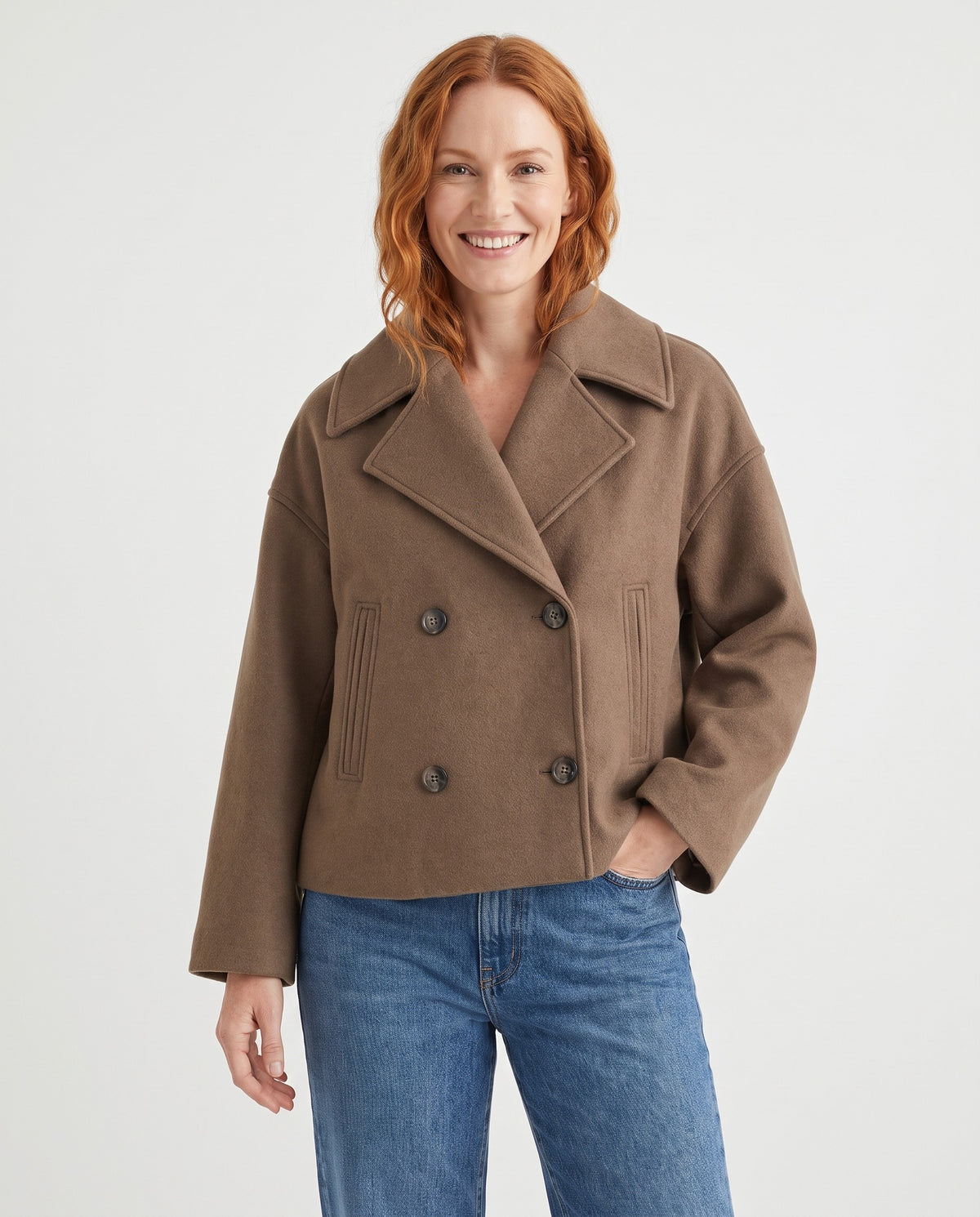 Jenna Women's Wool Cropped Peacoat in Brown