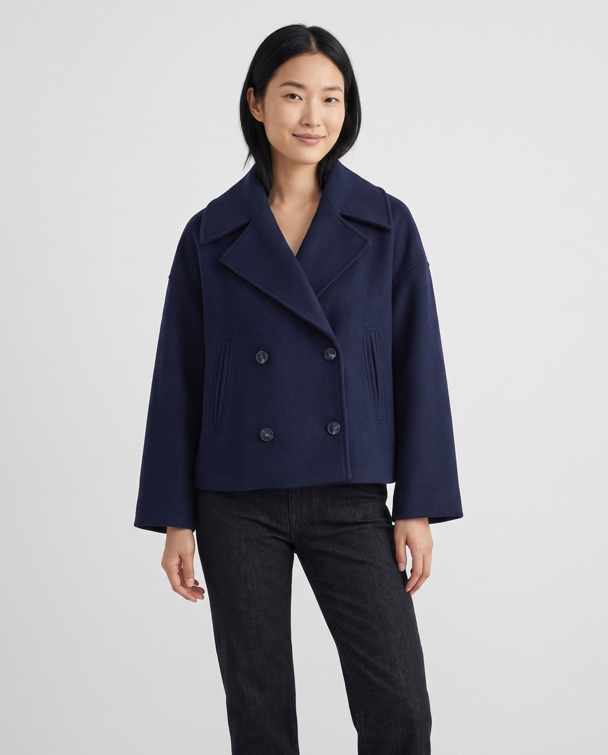 Jenna Women's Wool Cropped Peacoat in Navy Blue