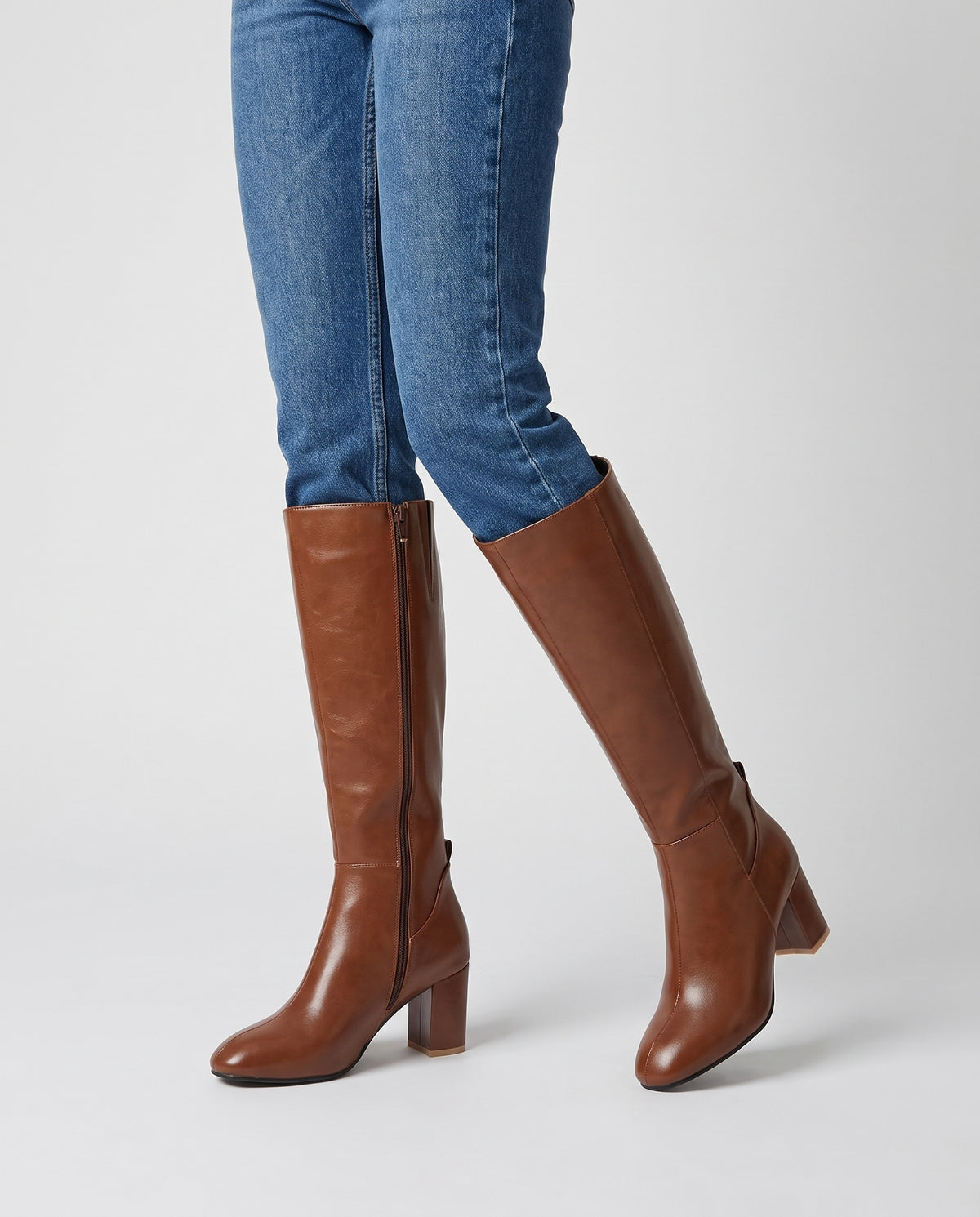 Eve Women's Leather Heeled Knee High Boots in Brown
