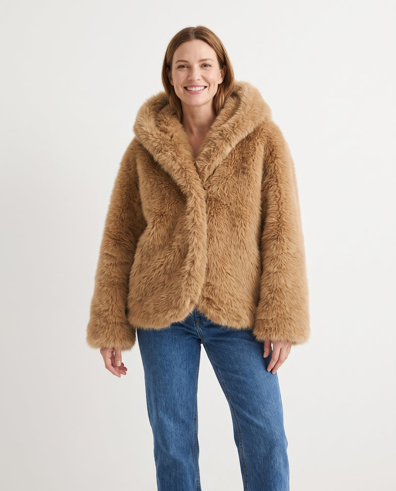 Eira Women's Oversized Hooded Faux Fur Coat in Brown