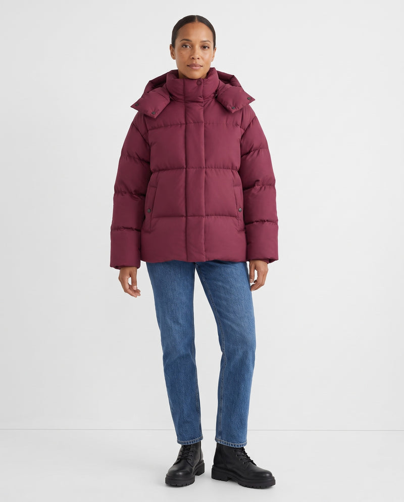 Posy | Women's Winter Puffer Jacket with Padded Hood and Snap Front in Wine Red