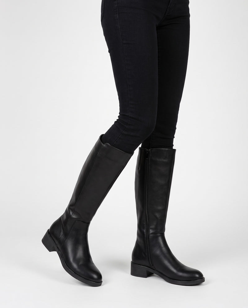Beverly | Women's Leather Knee High Boots with Block Heel and Side Zip in Black