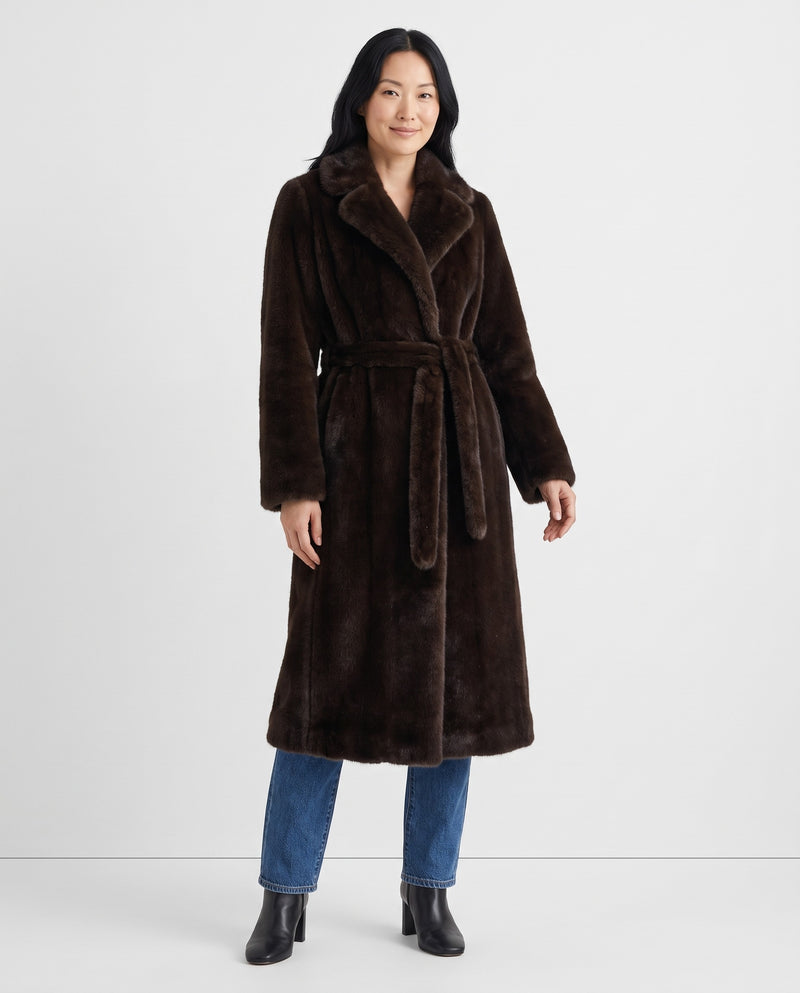 Jill Women's Belted Long Faux Fur Coat in Dark Brown