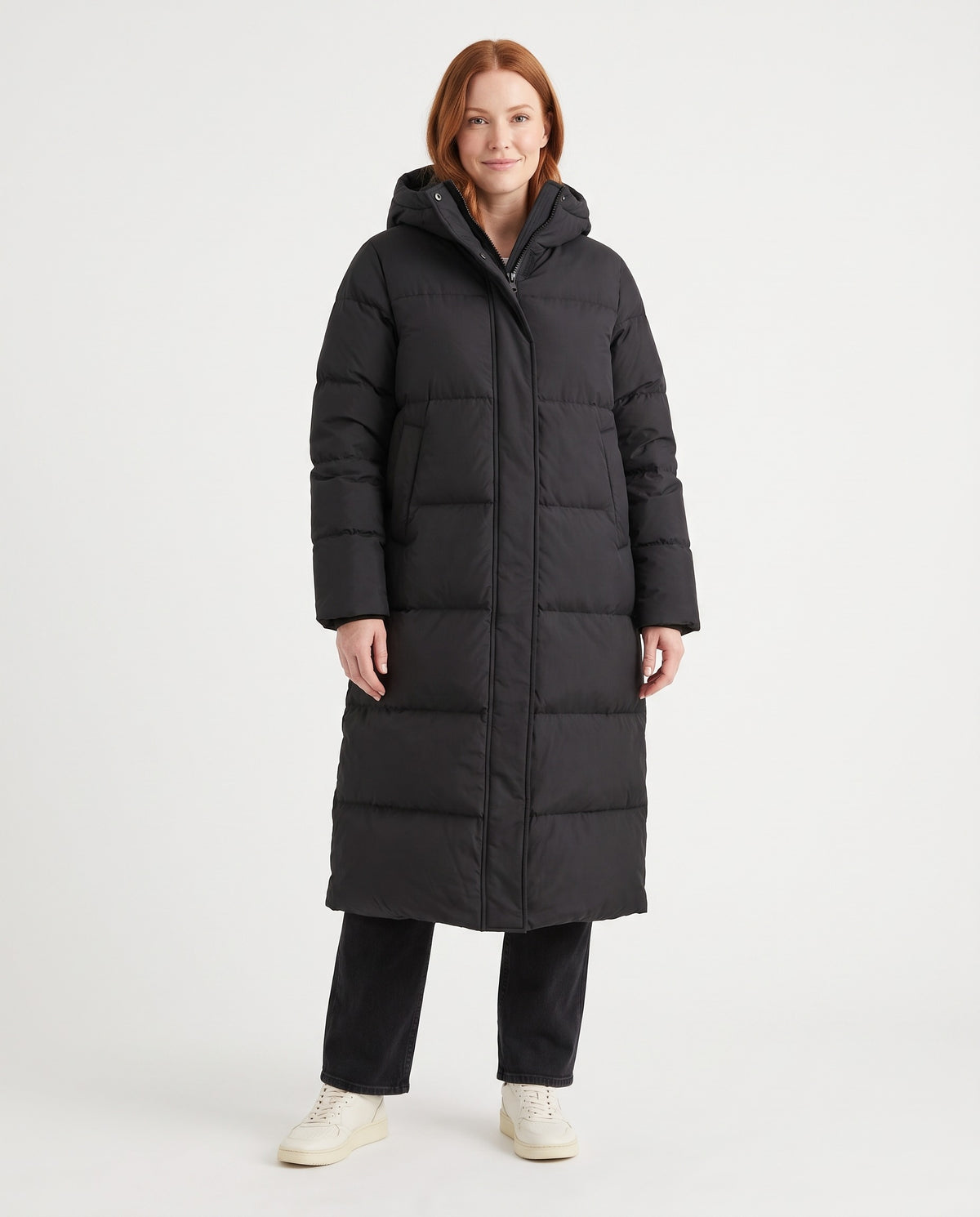 Daphne | Women's Long Puffer Coat with Hood and Full Length Zip for Winter in Black