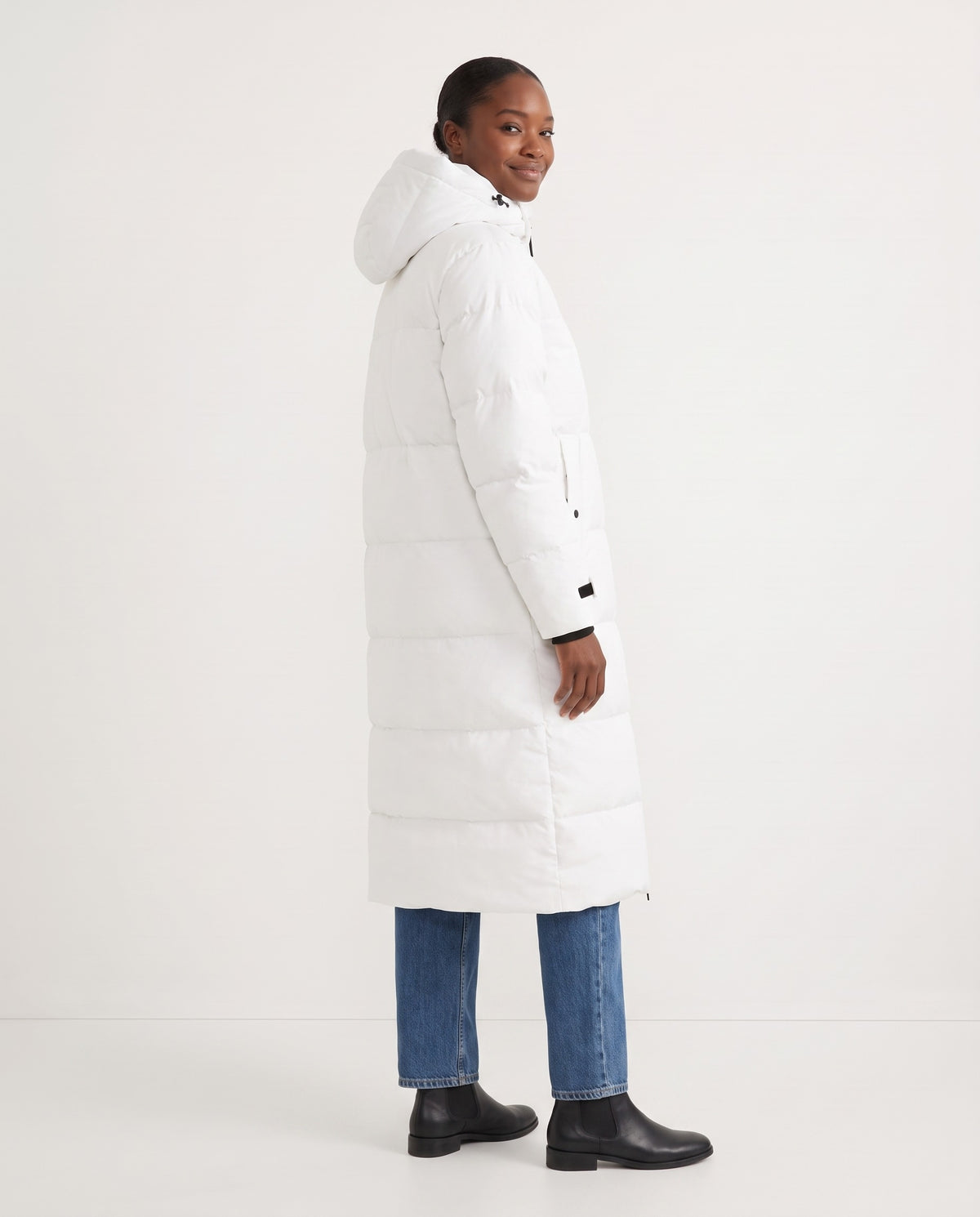 Daphne | Women's Long Puffer Coat with Hood and Full Length Zip for Winter in White side view