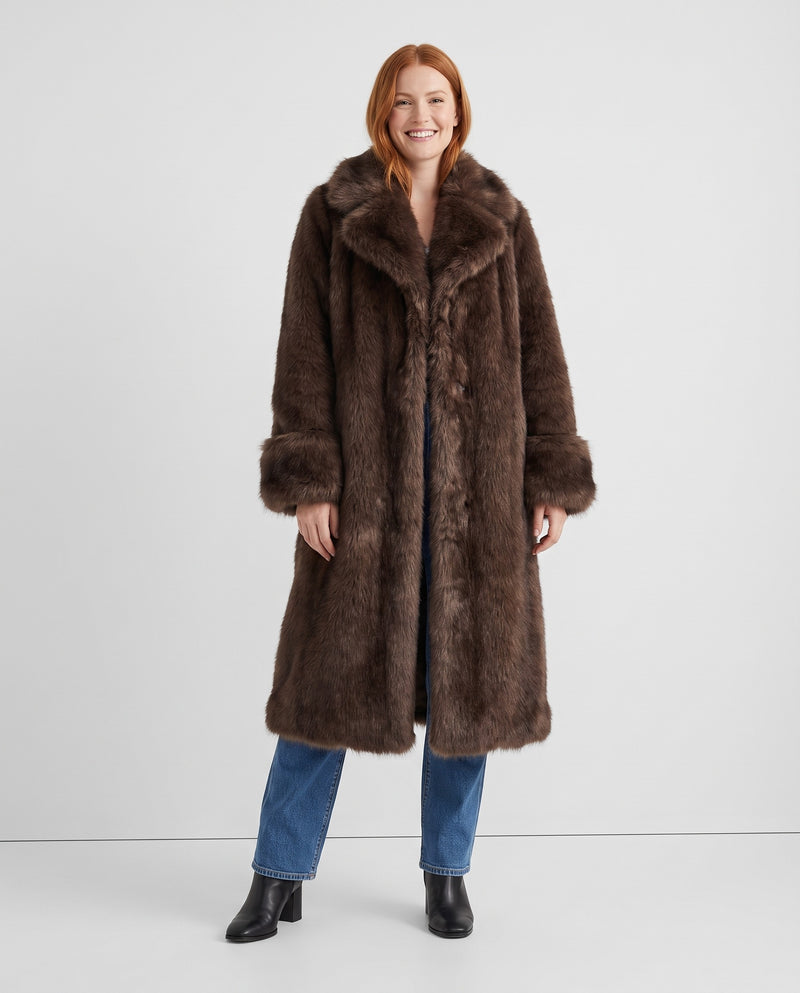 Joan Women's Winter Long Faux Fur Coat in Dark Brown