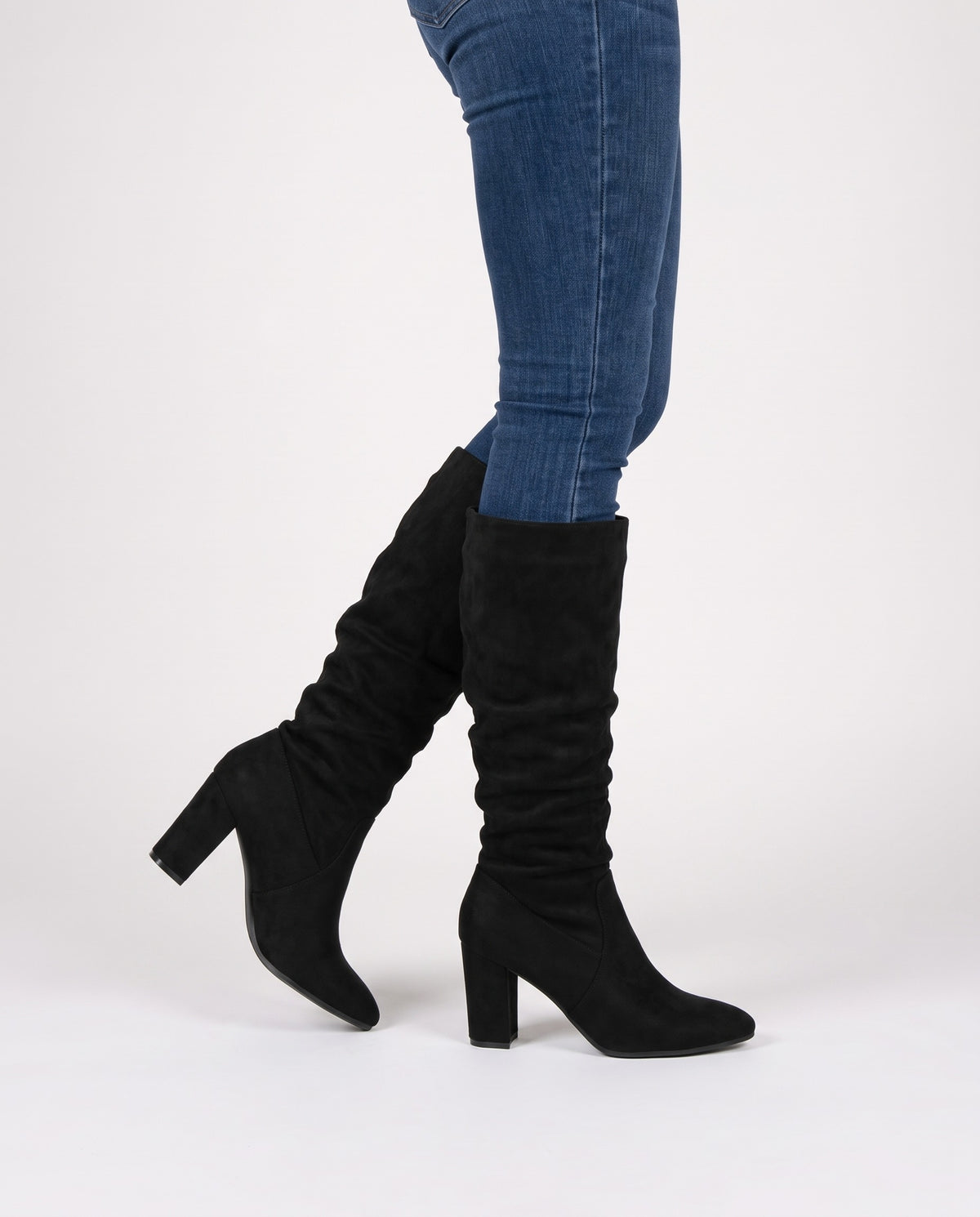 Dawn Women's Suede Winter Slouchy Heeled Knee High Boots in Black, side profile view