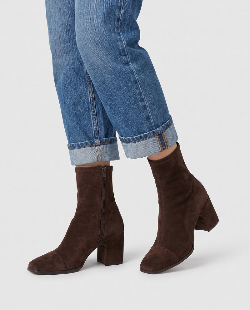 Amy Women's Suede Winter Heeled Ankle Boots in Dark Brown