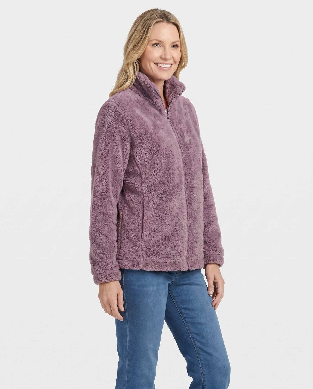 Lowri Women's Winter Teddy Faux Fur Coat in Light Purple, three quarter view